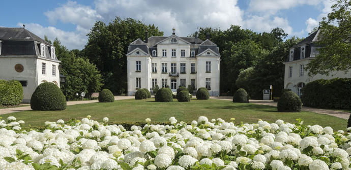 Het kasteeldomein van Wippelgem met bloeiende hortensia's